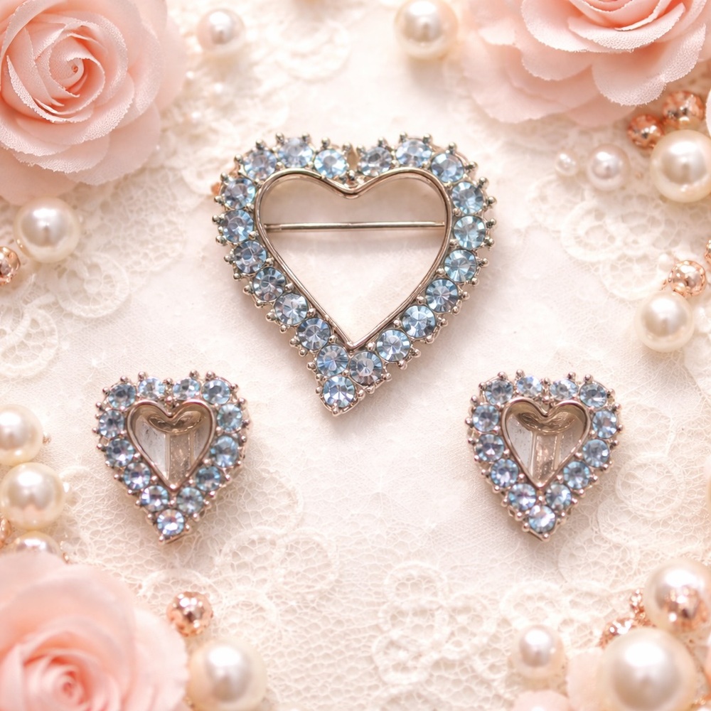 SC Blue Glass Rhinestone Heart  Pin Brooch & Clip